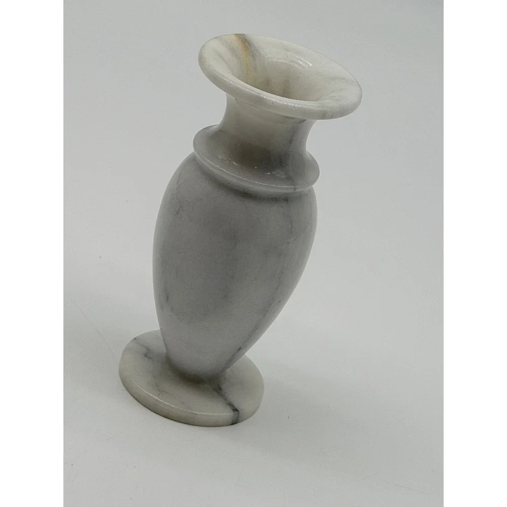 Vintage Grey White Veined Marble Bud Vase Polished Stone Urn 6.75 Inch